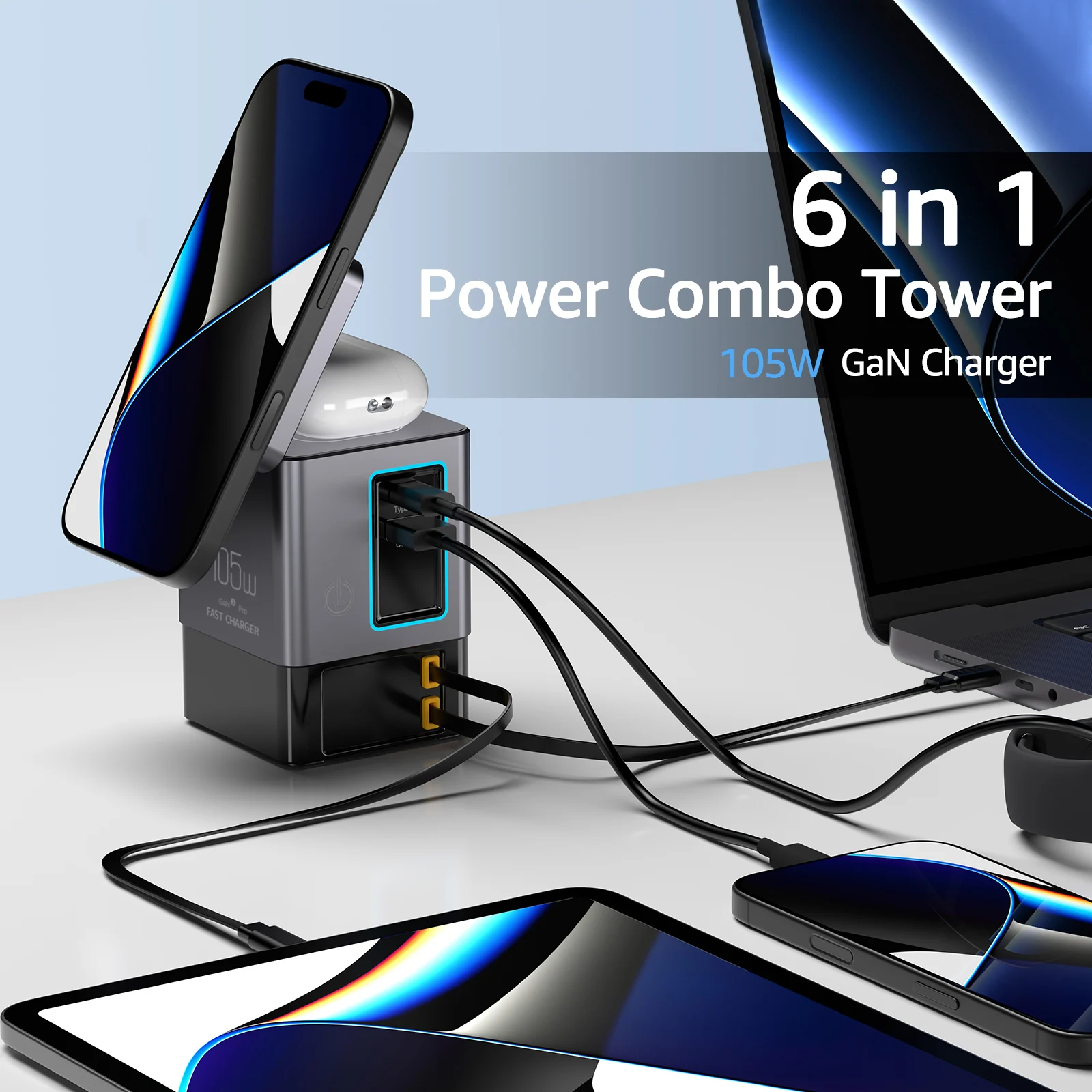 

6-in-1 105W Fast Charger Station with Retractable USB-C Cable Power Combo Tower for Multiple Devices with 20W Wireless charger
