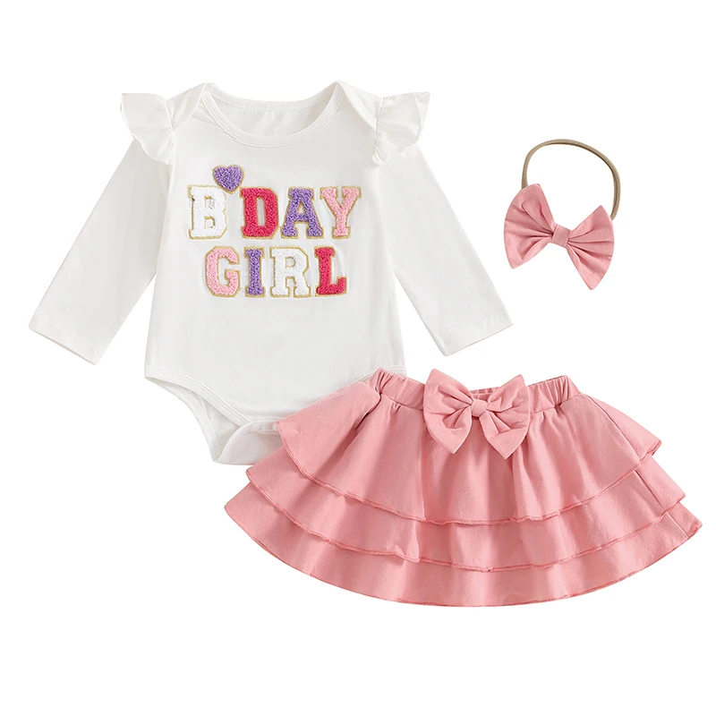 

1st Baby Girl Birthday Outfit Infant Tutu Skirt Set Ruffle Sleeve Embroidery Romper Layered Skirt With Bow Clothes