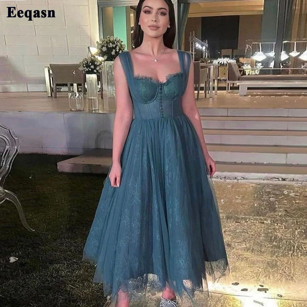 Eeqasn-Vestidos de Fiesta Midi de encaje para mujer, ropa de tul suave con tirantes finos, botones, formales, con huesos