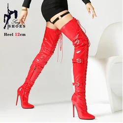 Pole dance stivali lunghi donna tacchi alti alla coscia 12cm fibbia della cintura tacco sottile sopra il ginocchio Stiletto autunno inverno stivali discoteca