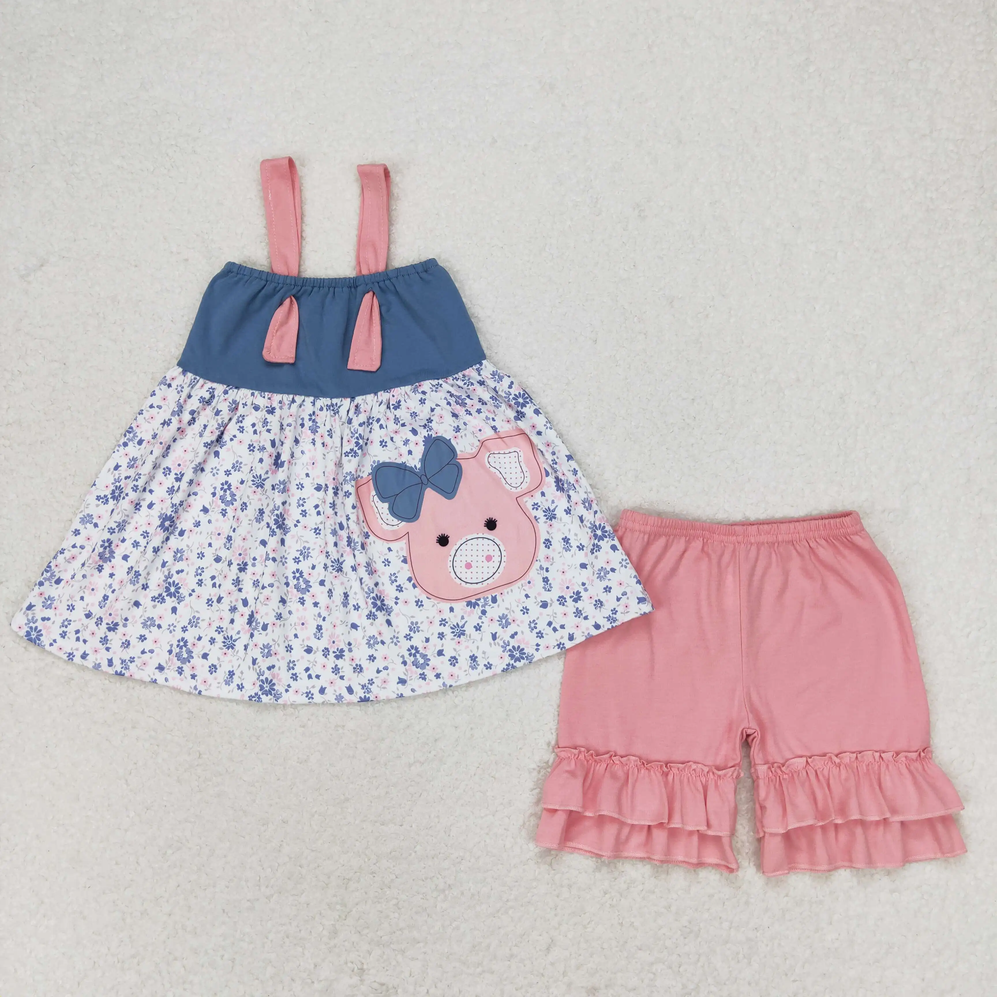 

z95-08 GSSO0493 Wholesale kids clothes girls Bow Floral Top Pink Lace Shorts Set baby girl clothes Summer Boutique clothing