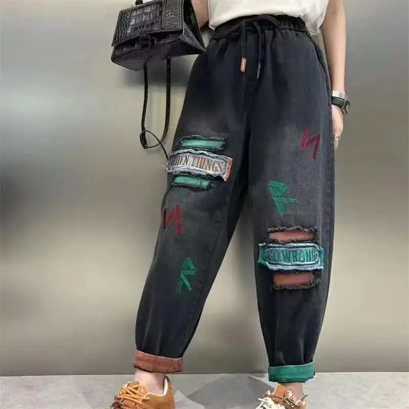 

New Korean High Waist Denim Pants Lady Autumn Retro Embroidery Elastic Loose Casual Harlan Jeans Women's Fashion Wild Trousers