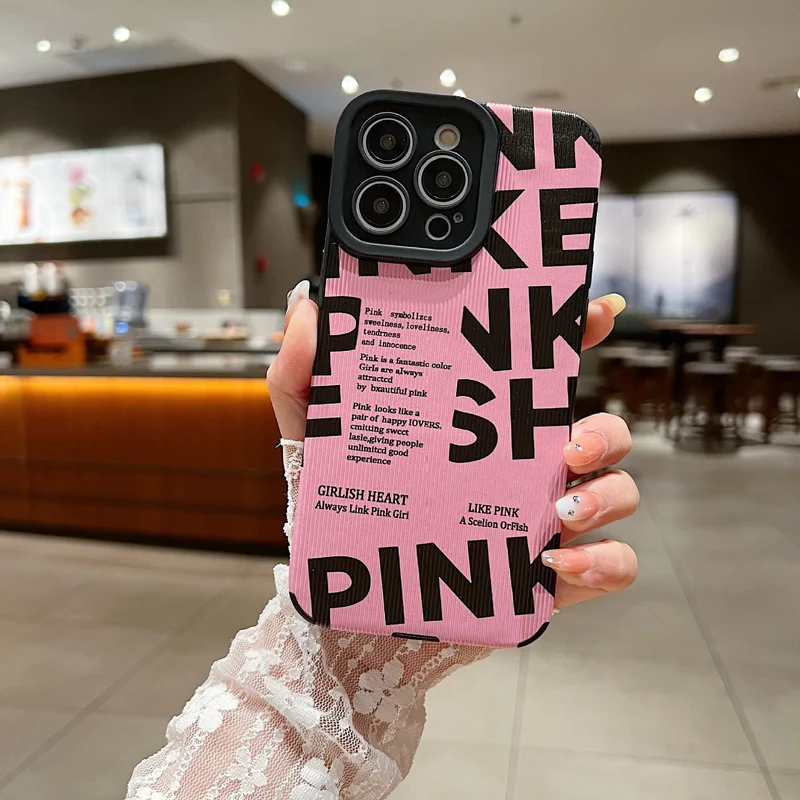 Fashion Black Letter Love Heart Pink Soft Phone Case For iPhone 15 14 13 12 11 Pro Max X XR XS Max 7 8Plus 15 14Plus 12 13Mini