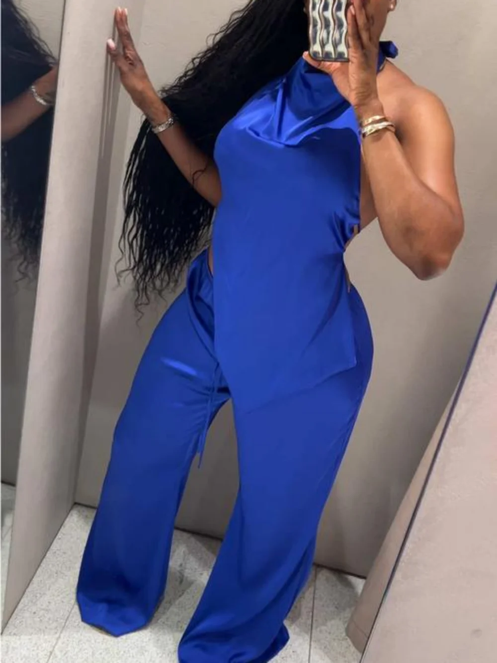 Womens Elegant Blue Satin Two Piece Set Sleeveless Backless Camisole Top Loose Trousers Suit Casual Elegant Clubwear Clothes