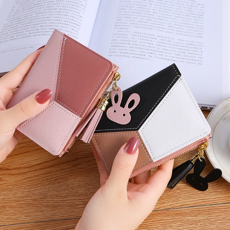 Women's Two-Fold Short Wallet Women's Zip Wallet Korean Style Tassel Stitching Fashion Zero Thin