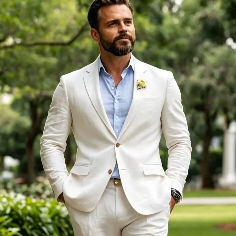 White Linen Men Suits 2 Pieces Summer Wedding Suits Slim Fit Casual Formal Blazer Pant Set For Groom Prom Party Suit For Men