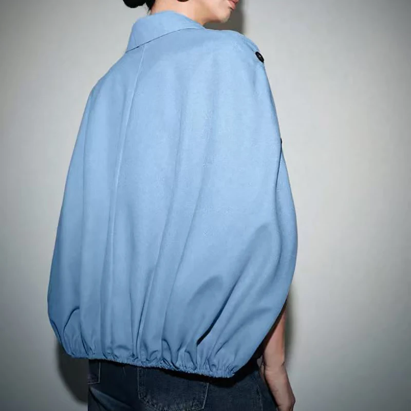 Blue Lapel Short Jacket for Women Loose Detachable Shoulder Button Batwing Sleeve Tops Spring Autumn New Casual Female Coat