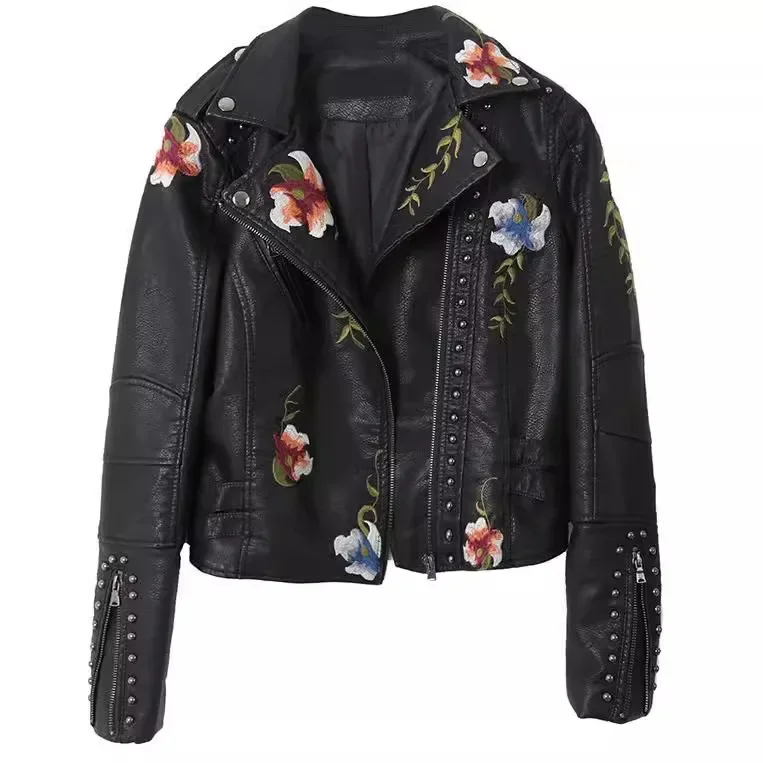 2025 women's spring new, embroidered rivet PU leather jacket