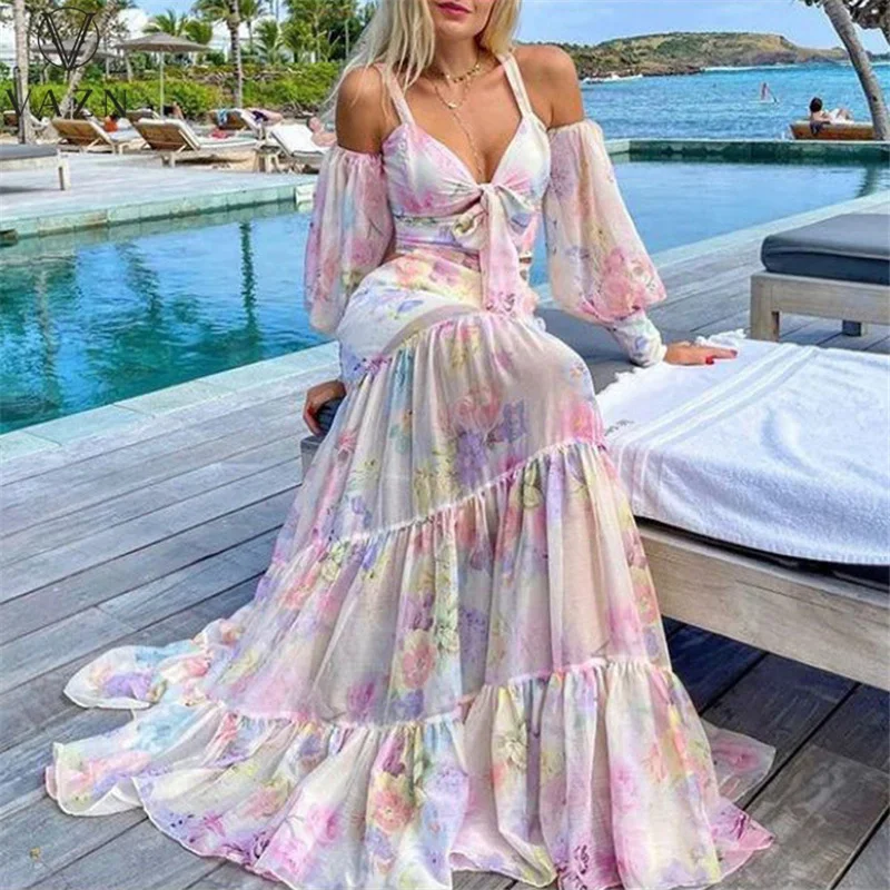 Hot List Young High-end Sexy Sweet Print Full Sleeve Off Shoulder Chiffon High Waist Women A-Line Maxi Dress