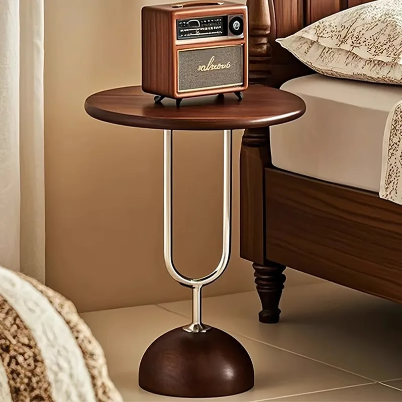 French Retro Solid Wood Coffee Table with Stainless Steel Edge Small Balcony Light Luxury Bedside
