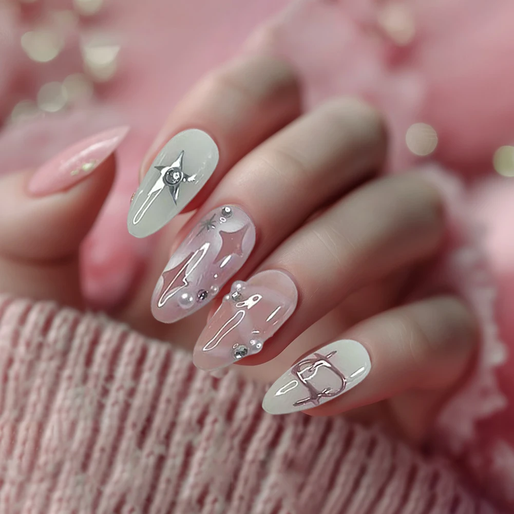 24pcs Star Press On Nail Removable Fingernails Sticker Gentle Sweet Style Wearable Finished Nail Piece For Girl Home Salon