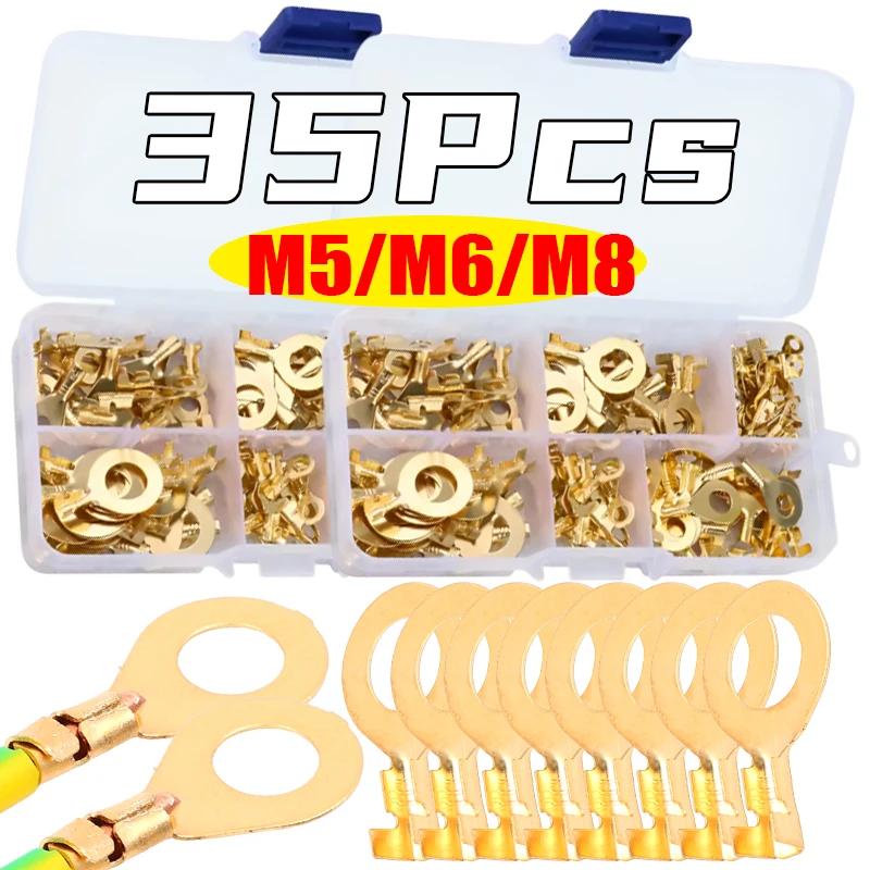 

35PCS M5/M6/M8 Ring Lugs Eyes Copper Crimp Terminals Cable Lug Wire Connector Non-insulated Assortment Kit Auto Fastener Clips