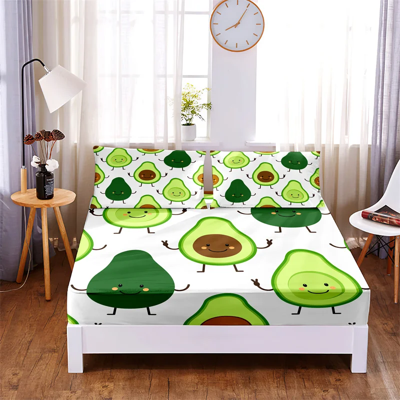 3pc Polyester Cute Green Cartoon Bedding Fitted Sheet Mattress Cover Four Corners with Elastic Band Non Slip Double Bed Sheet