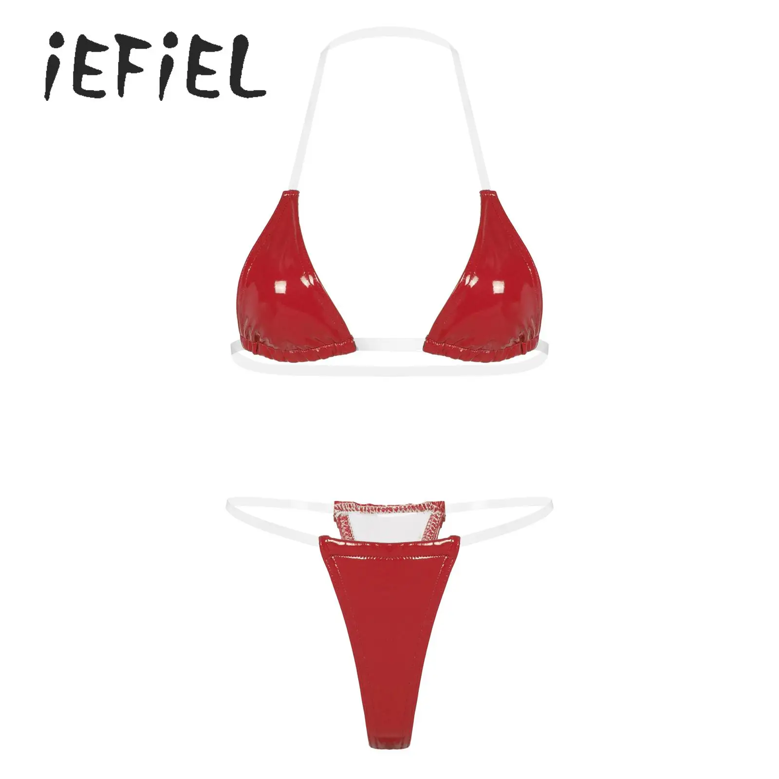 

Women Sexy Metallic Shiny Mini Micro Bikini Set Swimwear Clear Straps Wet Look Patent Leather Bra and Thongs Sunbathing Set