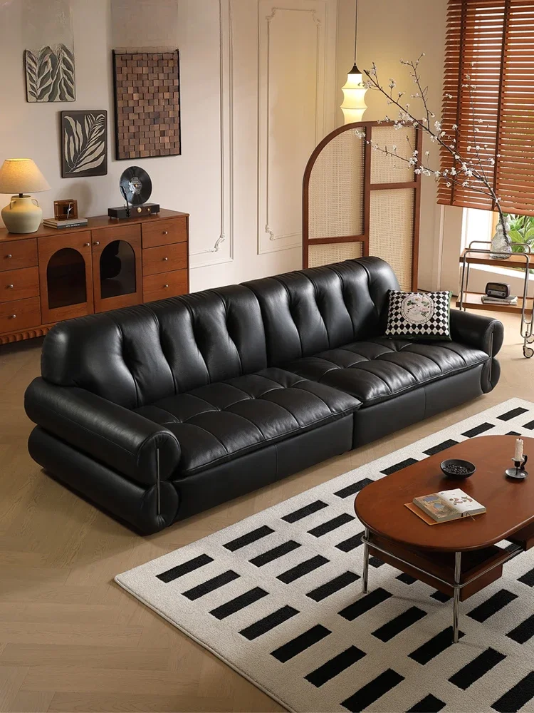 French retro luxury leather sofa clouds medieval black top layer cowhide straight zipper down high-end living room.