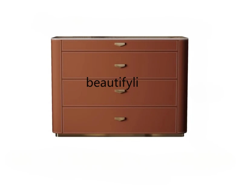 

Light luxury saddle leather dining side cabinet living room Modern simple wall rock slab mystery cabinet Integrated high cabinet