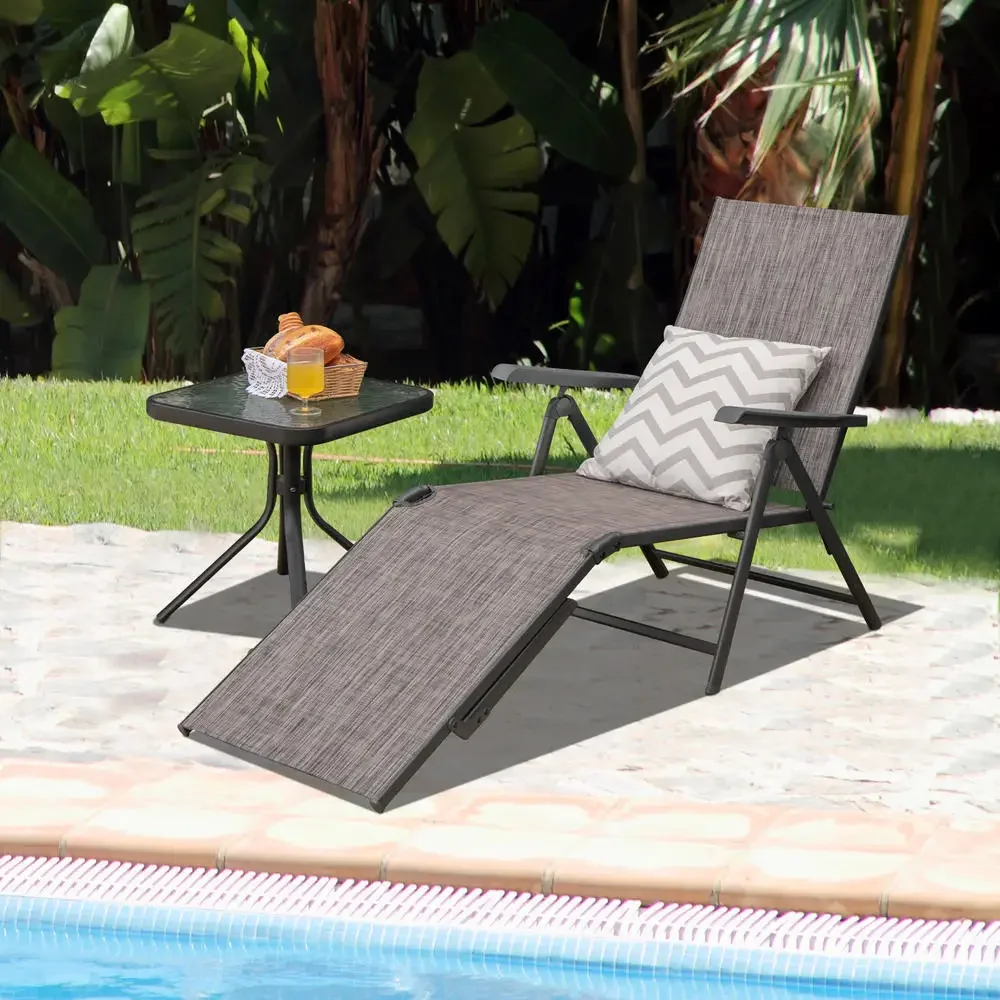Foldable Outdoor Chaise Lounge Chair With 5 Adjustable Backrest Positions, Breathable Fabric And Steel Frame, Portable Recliner For Patio Poolside Camping, No Assembly Required, Gray
