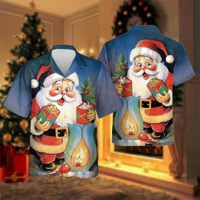 Xmas Vibes 3D Printed Shirts For Men Clothes Hawaiian Short Sleeve Christmas Snowman Santa Claus Unisex  Beach Shirt Blouses