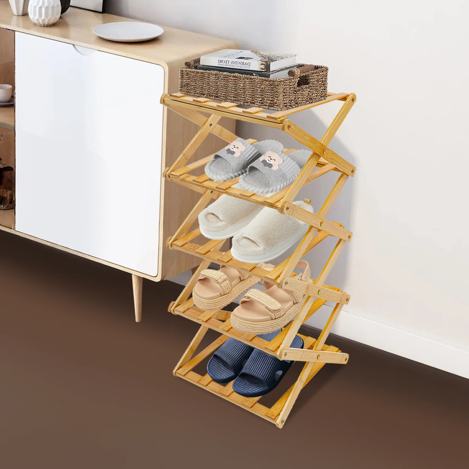 5-stufiges faltbares Schuhregal aus Bambus, zusammenklappbar, keine Montage, für die Aufbewahrung von Wohnzimmer, Schlafzimmer, Veranda, Sportschuhen