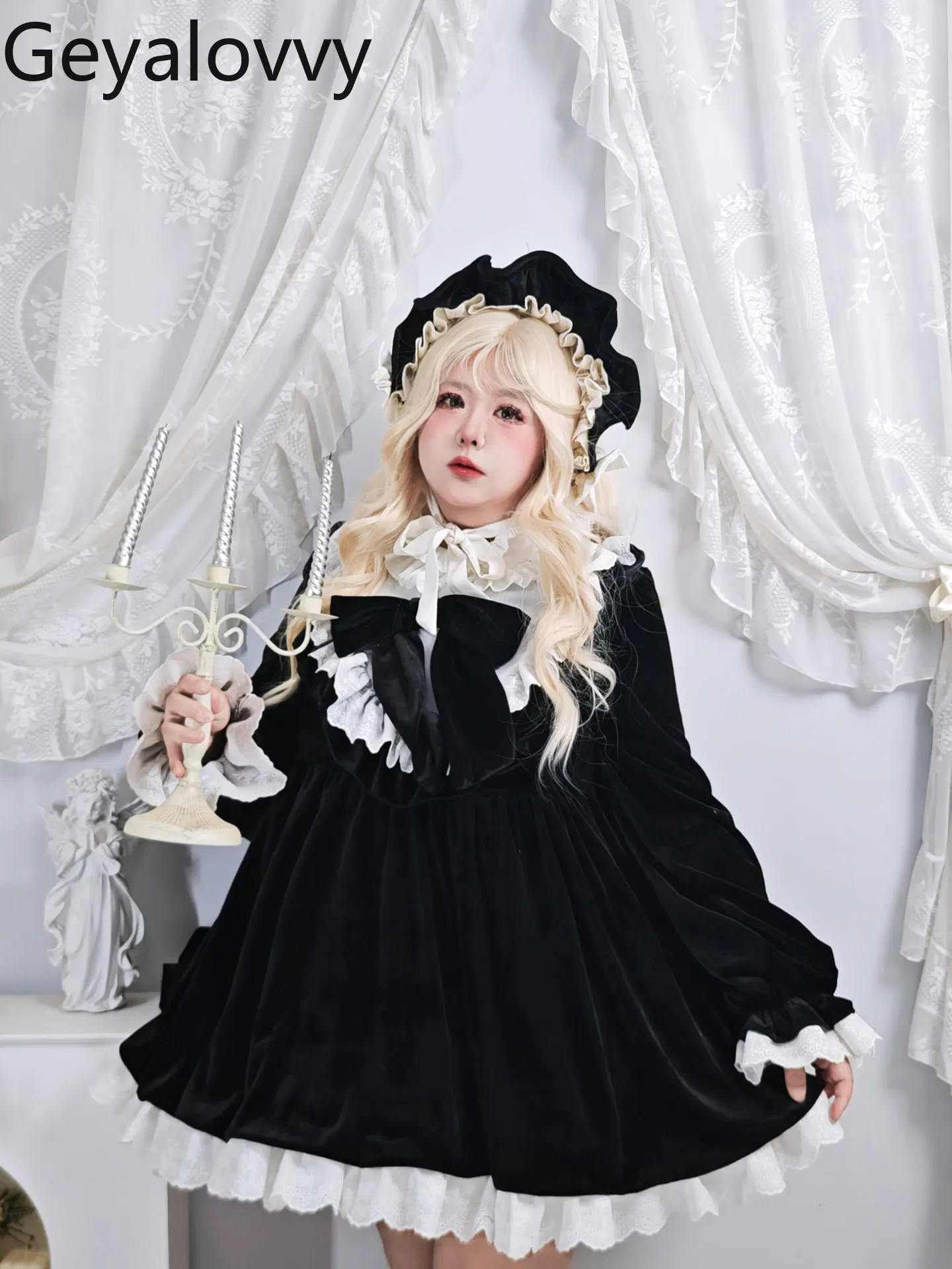 

Бархатное платье в стиле Лолиты Sweet Girl с воротником-стойкой и длинными рукавами, весеннее новое облегающее черно-белое платье с высокой талией и цветными блоками