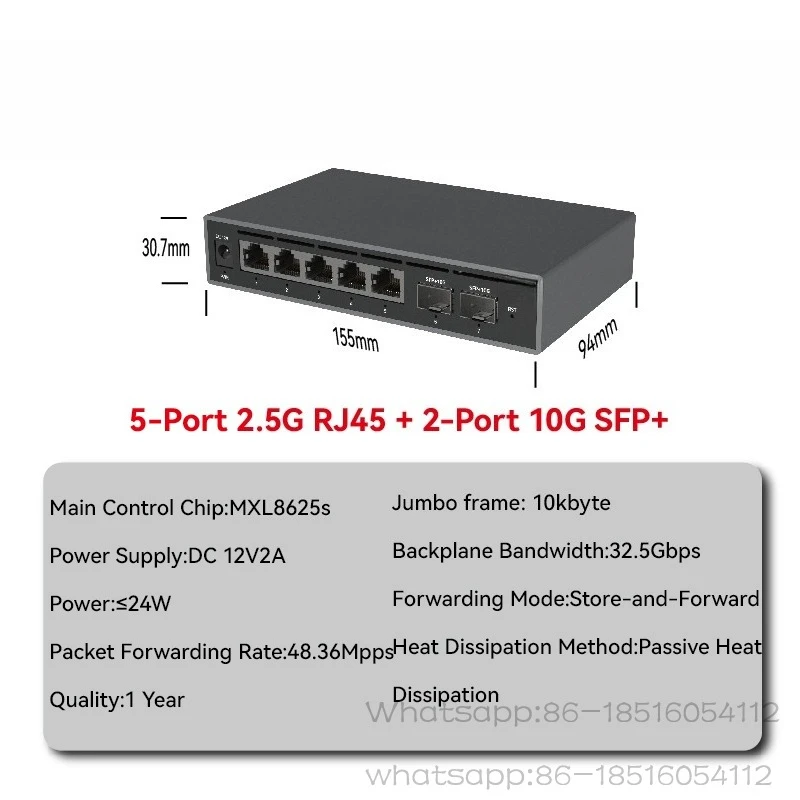 Hub de 7 Puertos de Fácil Gestión, 5 Puertos 2.5G RJ45, 2 Puertos 10G SFP+, Compatible con Gestión Web/División VLAN/Agrupación de Enlaces