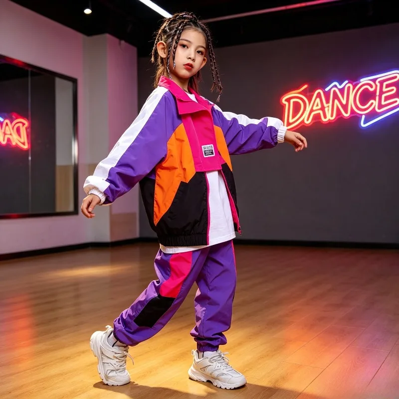 Boys Hip Hop Contrast Jacket Girls Jazz Joggers Clothes Set Kids Street Dance Patchwork Coat Sweatpants Child Costume Streetwear