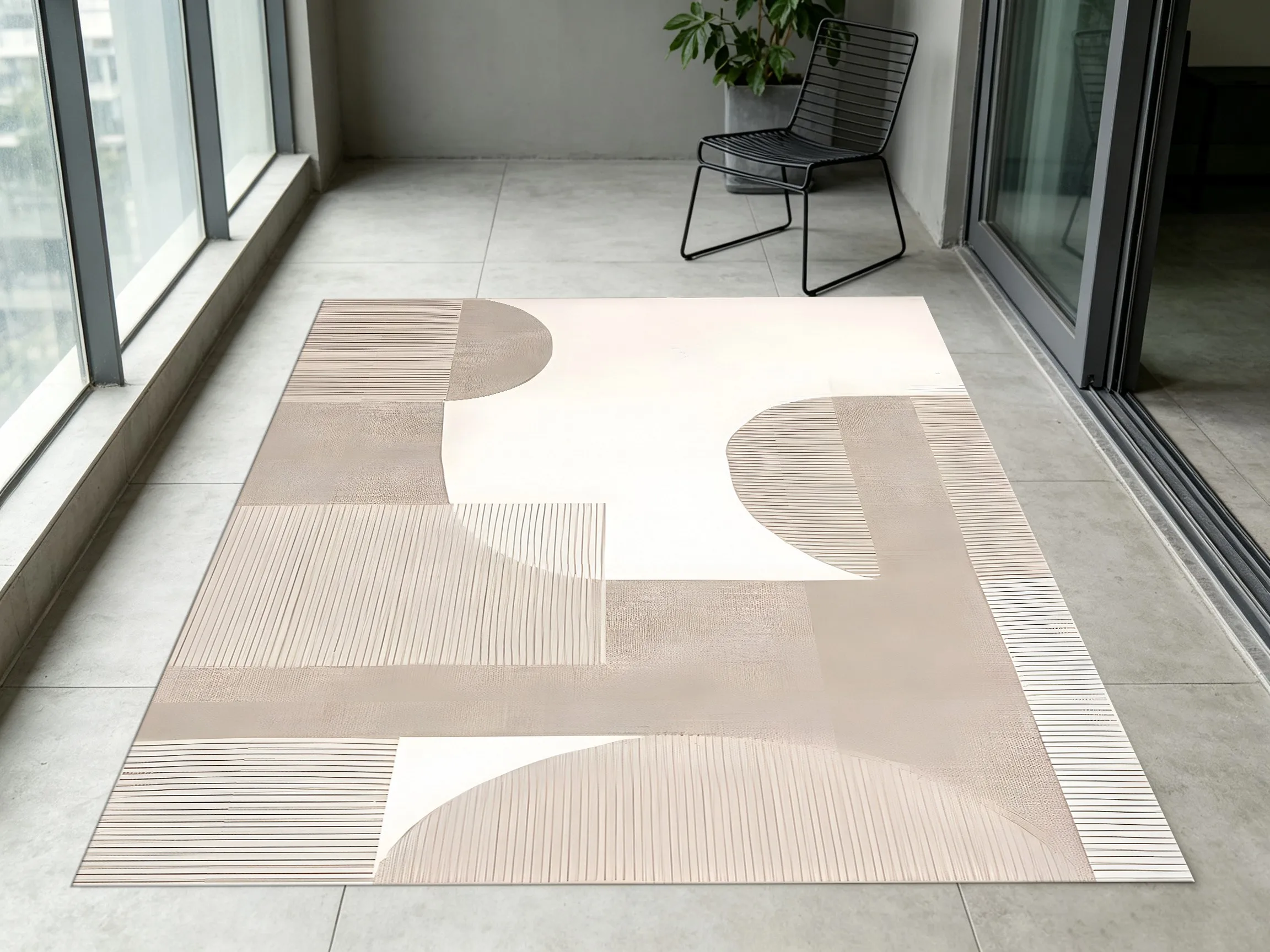 Milky Coffee Abstract Geometric Line Velvet Rug, Minimalist Wabi-Sabi Decor for Living Room, Bedroom & Bedside