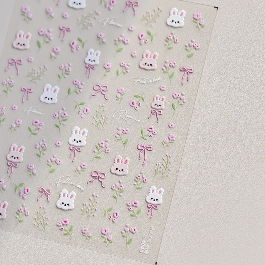 สติกเกอร์ติดเล็บลายกระต่าย 5D น่ารัก สไตล์ญี่ปุ่น การ์ตูนญี่ปุ่น สีชมพู สีฟ้า ลายดอกไม้  ตกแต่งเล็บแบบติดเอง DIY