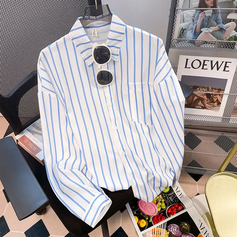 Women Clothing Temperament Striped All-match Blouse Spring New Polo Neck Long Sleeve Loose Vintage Shirt Tops Fashion Casual
