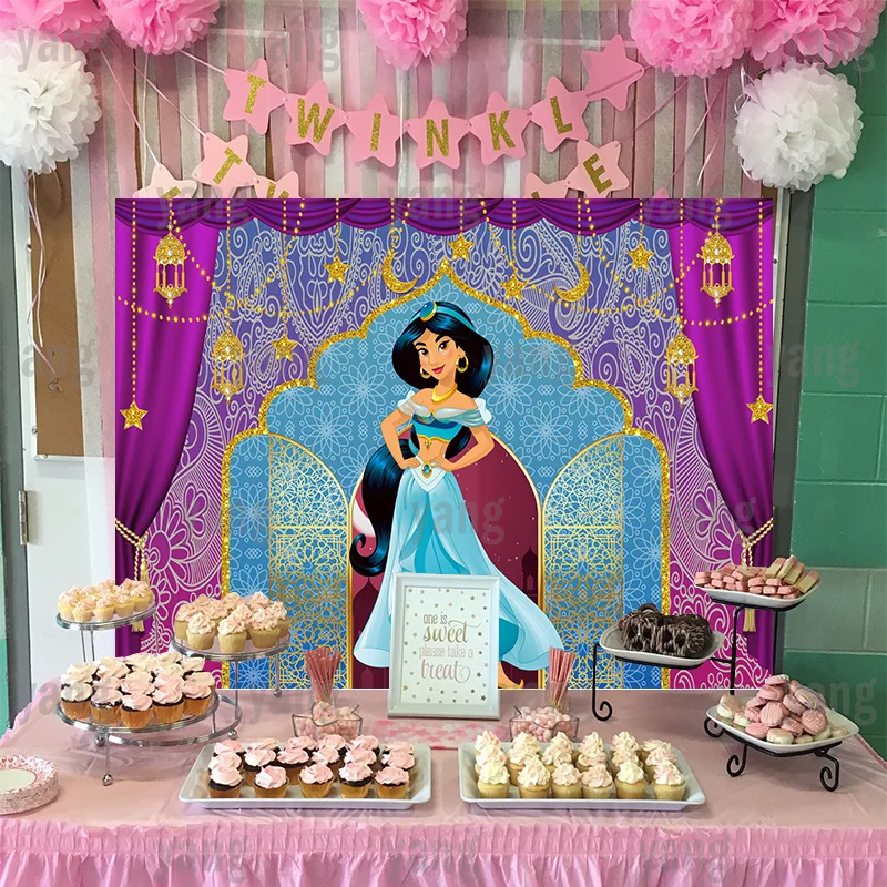 Disney Cartoon Aladdin Princess Jasmine Custom Backdrop Birthday Party Decoration Colorful Lace Streamer Photography Background