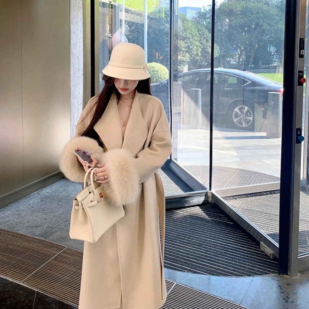 Elegant Real Fox Fur Coat Fashion Winter Women Warm Long Double Faced Cashmere Wool Overcoat 2025 New Autumn Solid Color Coat