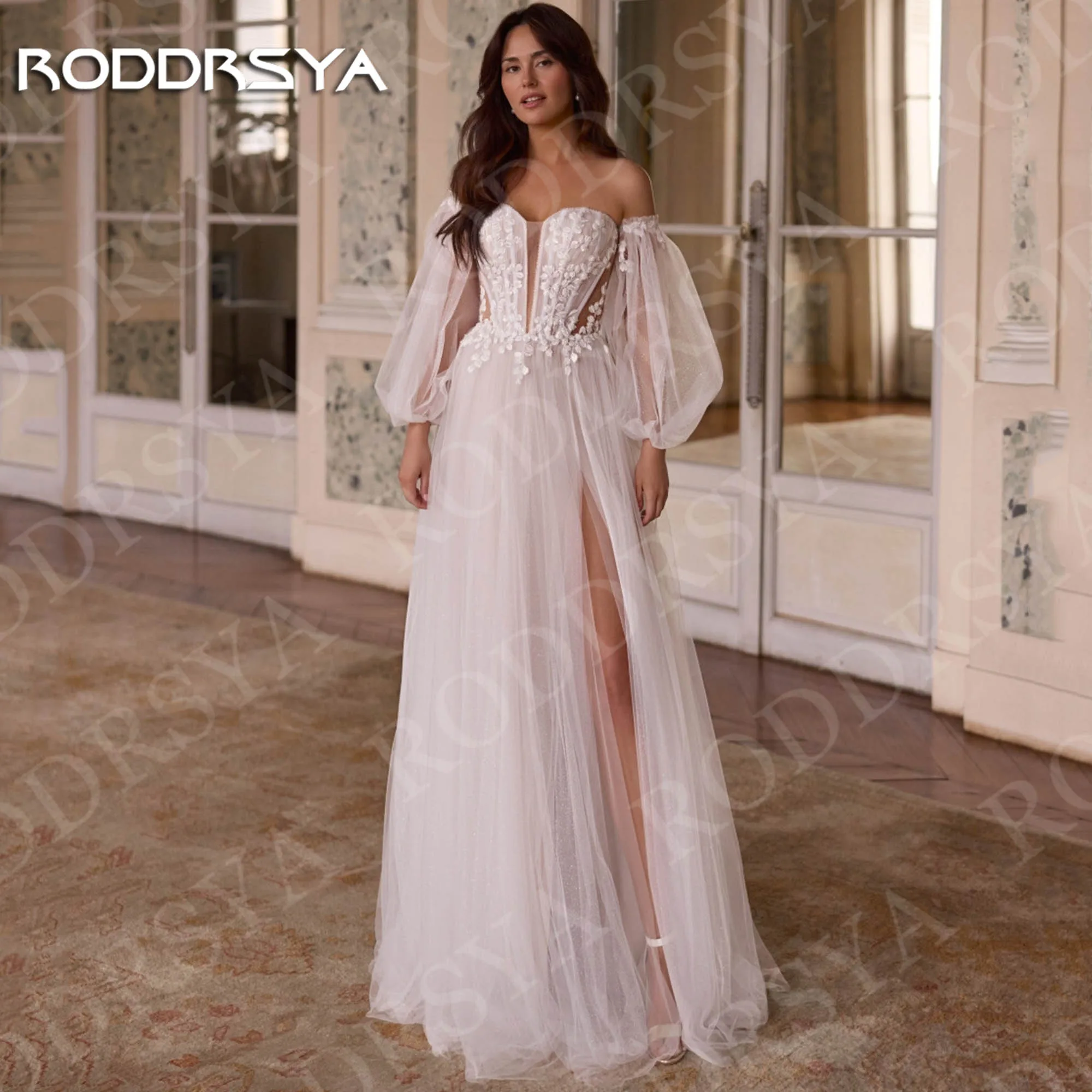 

RODDRSYA 2026 Wedding Dresses Boho A Line Lace Glitter Tulle Bride Dress Off Shoulder Appliques High Slit Bridal Gown Customized
