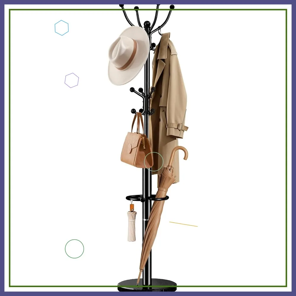 

Heavy Duty Metal Coat Rack with Marble Base, 16 Hooks & Umbrella Holder for Entryway, Bedroom, Office