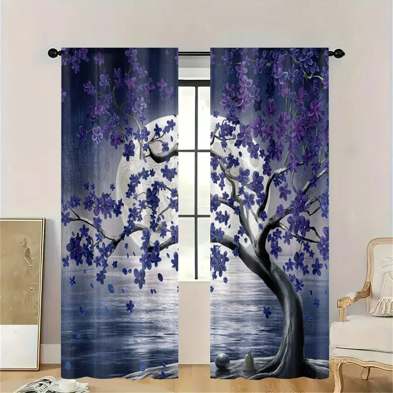 Window Curtains Plum Blossom Moonlit Tree Spring Nature Aesthetic Decorative Drapes Light Filtering Home Accent Curtain Panel fo
