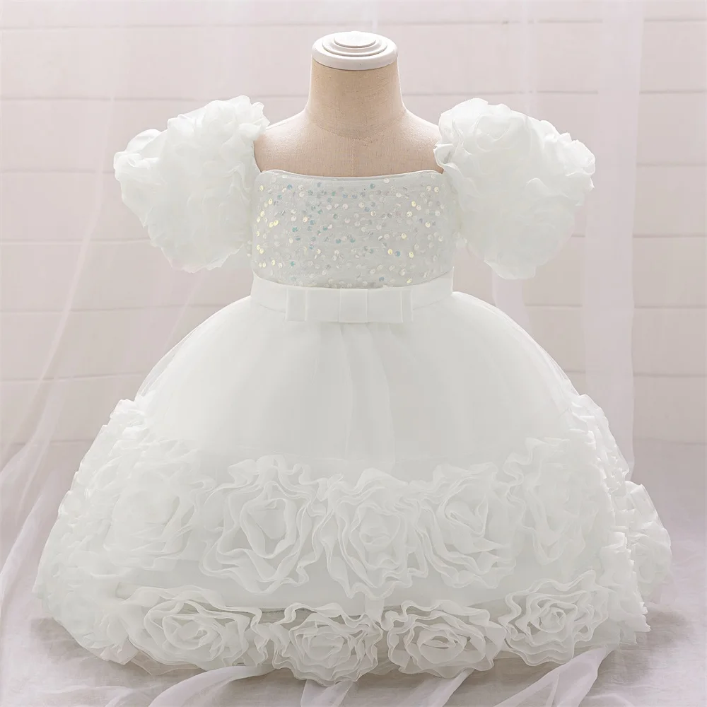 Flower Girls Dresses For Wedding Baby Girls Puff Sleeve 1st Birthday Baptism Puffy Gown Children Party Ceremony Luxury Dress