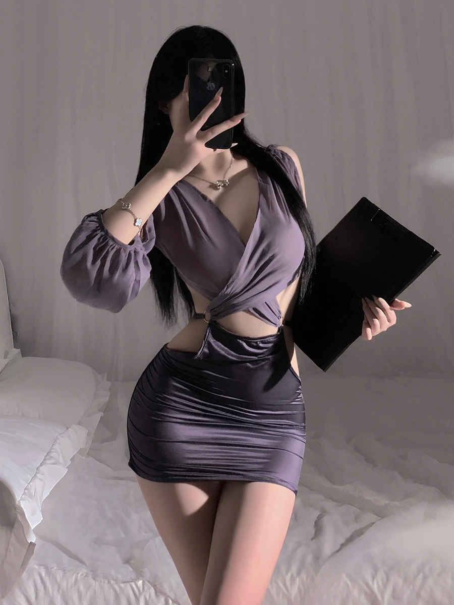 

Sexy Pure Desire Long Sve Strap Dr Butt Covering orm Dr for Trendy Girls Low Waist V-Ne ort Skirt Dr