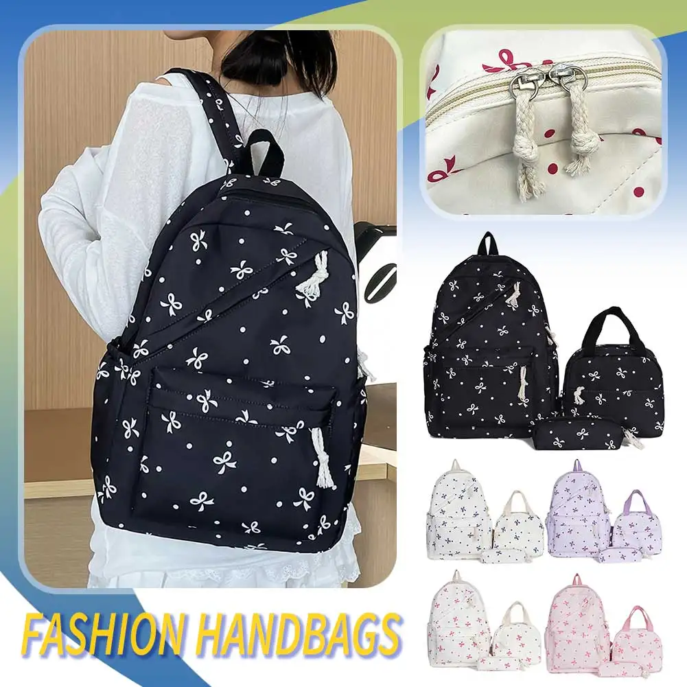 3-in-1 Bow Tie College School Backpack with Lunch Bag Pencil Case School Backpack Set Student Backpack for Girls Student