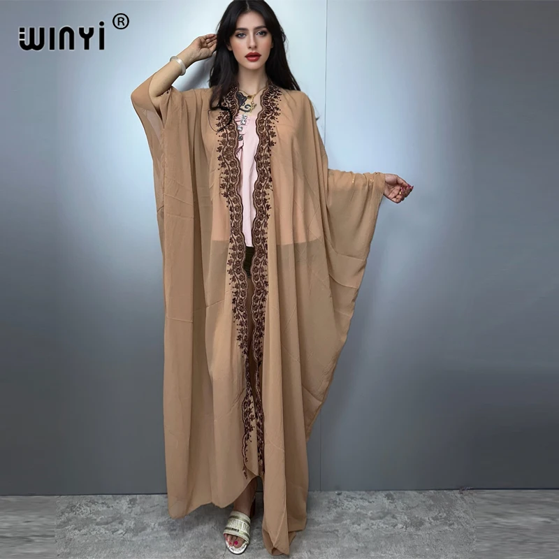 WINYI boho kimono Chiffon embroidery Cardigan sexy  evening dress abaya dubai luxury cover-ups beach outfits women party dress