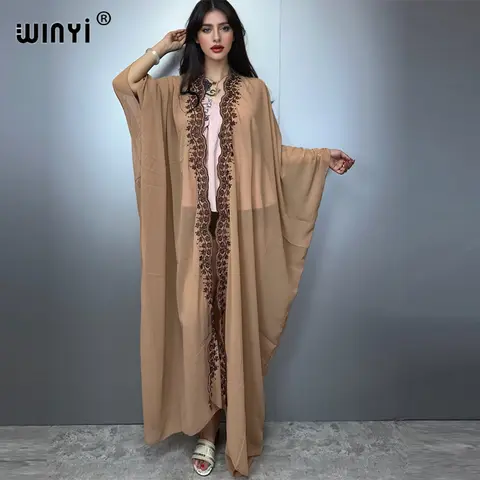 WINYI boho kimono Chiffon embroidery Cardigan sexy  evening dress abaya dubai luxury cover-ups beach outfits women party dress