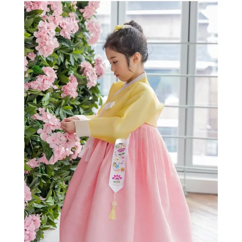 Light Yellow Top and Pink Skirt Girls Hanbok Korean Traditional Retro Dress Girl's First Birthday Banquet Dress