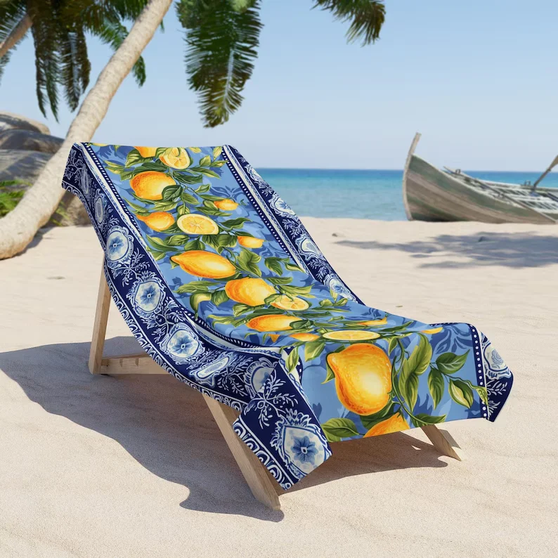 Mediterranean Lemon Print Beach Towel, Super Absorbent Quick Dry Microfiber Bath Towel, Blue Tile Citrus Design Beach Towel