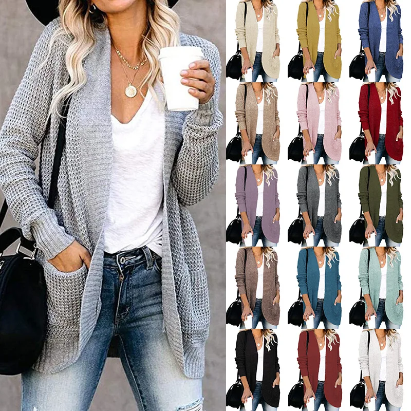 2024 autumn/winter new cardigan Amazon women's curved placket large pocket sweater