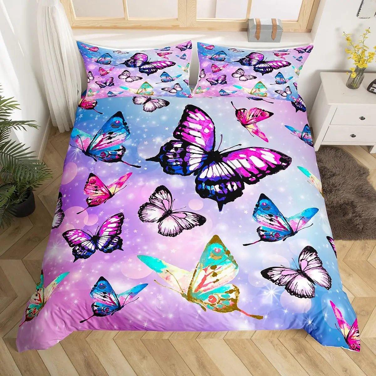 Butterfly Bedding Set Twin Queen Rustic Butterflies Duvet Cover,Watercolor Comforter Cover Romantic Quilt Cover for Girls Woman