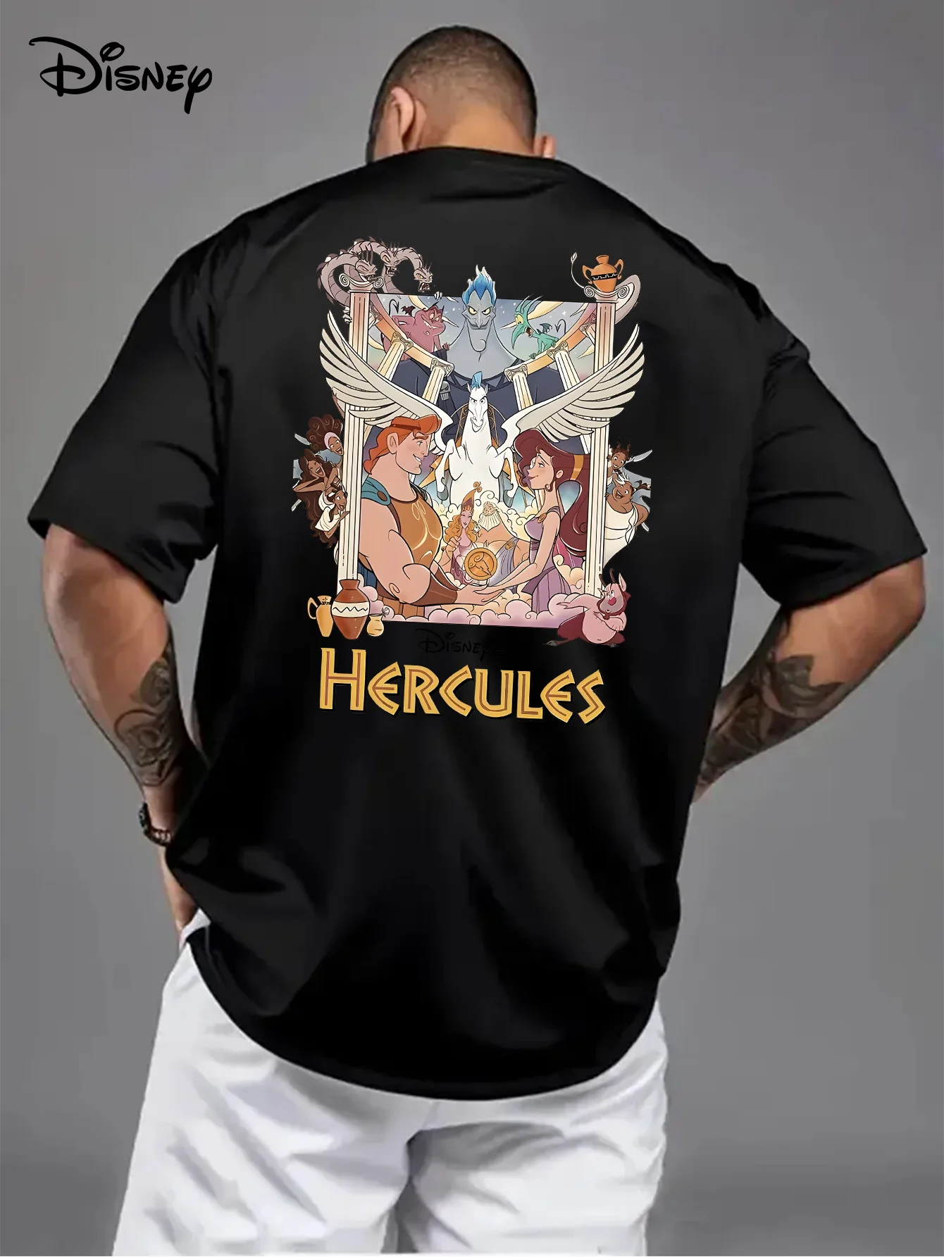 ديزني الكرتون هرقل تي شيرت مطبوع 2026 صيف جديد الشارع الأمريكي الهيب هوب عادية كم قصير Y2K للرجال والنساء