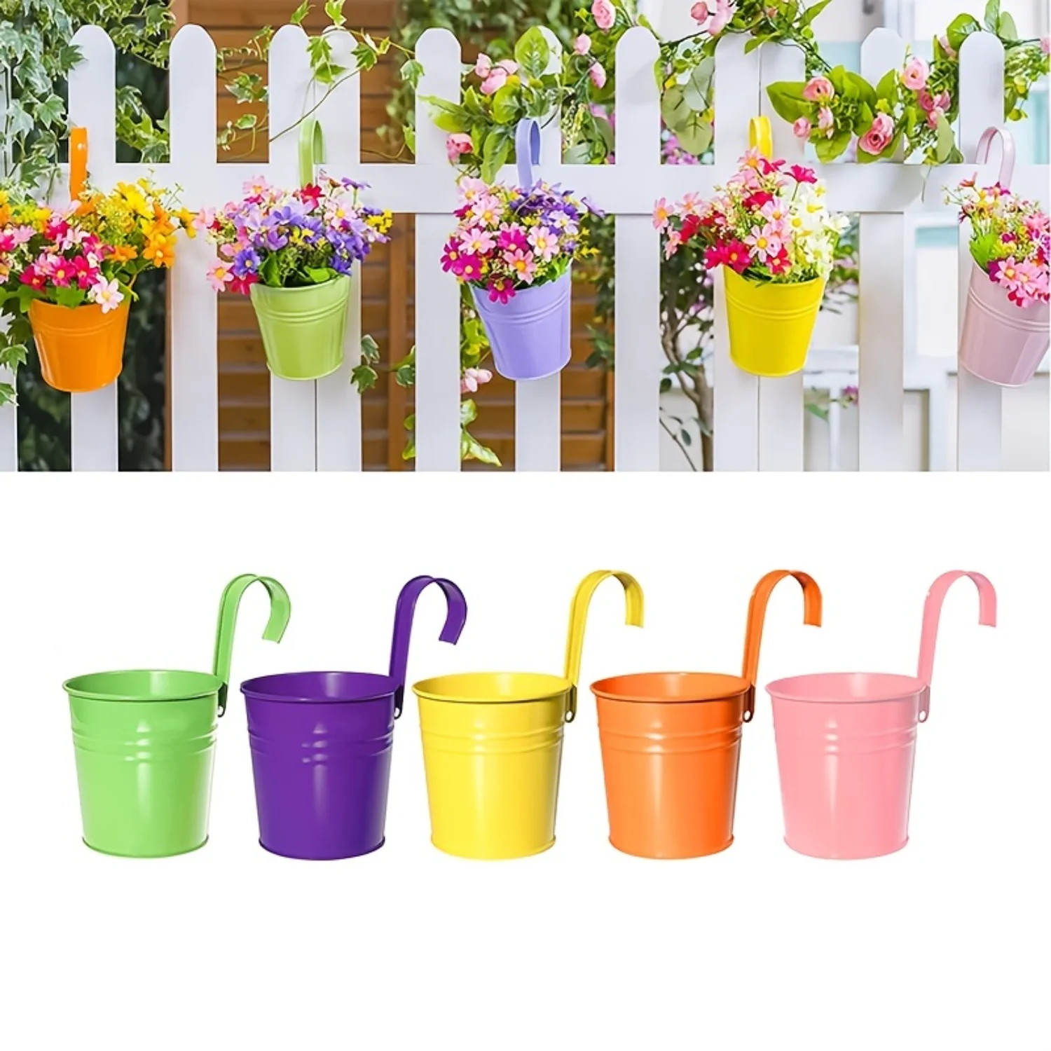 5pcs Metal Iron Hanging Flower Plant Pots, 4 Inch Colorful Railing Planter Small Hanging Plant Holder With Detachable Plants