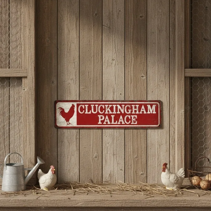 Cluckingham Palace Hahn Blechschild Rustikale Bauernhaus-Dekoration Metall-Wandkunst 4x16