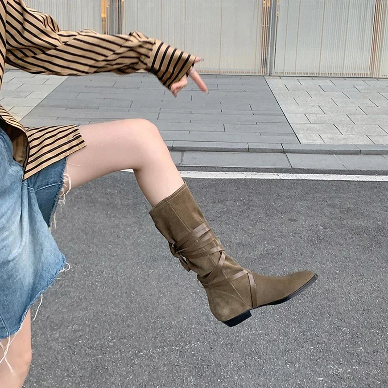 Spring Autumn Women Suede Long Boots Fashion Cross Strap Western Knight Booties Pointed Toe Female Shoes