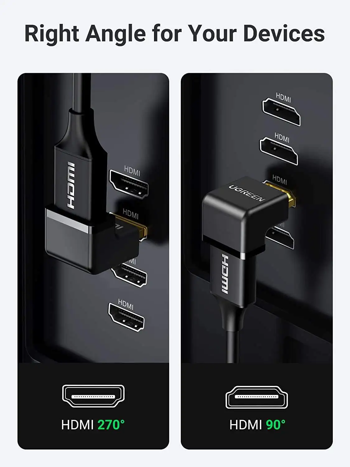 UGREEN HD112 HDMI 90 and 270 Degree Right Angle Adapter Gold Plated High Speed HDMI Male to Female Connector Adapter
