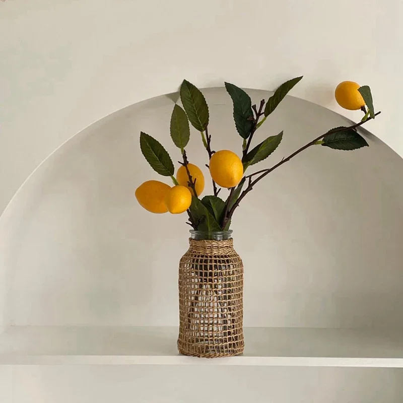 Straw Vase Dried Flower Vasos Decorativos Glass Vase With Straw Home Living Room Tabletop Ornaments