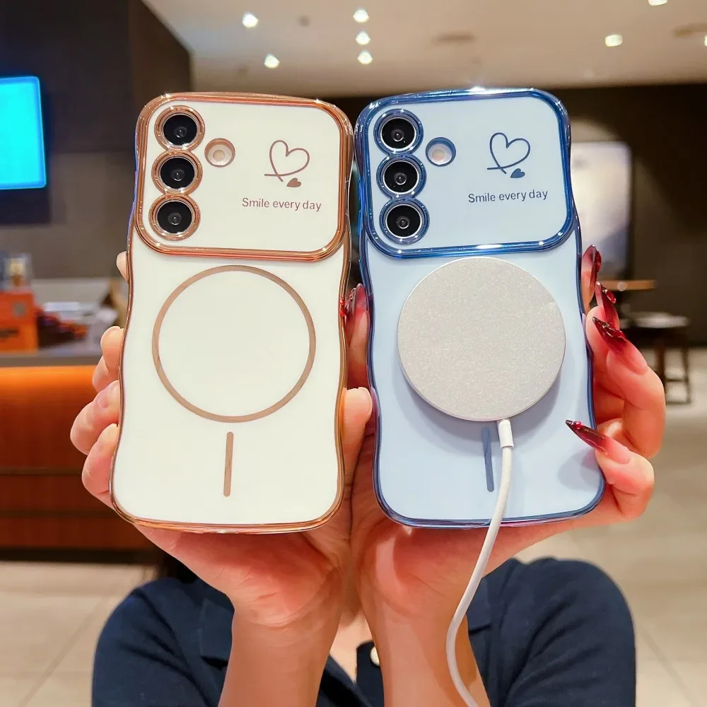 

Чехол для телефона Wave Plating Side Love Heart для Samsung Galaxy S25 S24 S23 S22 Ultra Plus S24FE, защитный объектив, противоударная задняя крышка